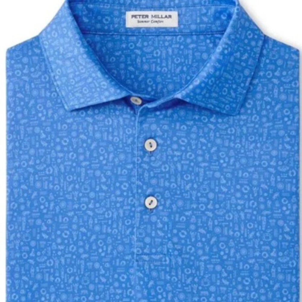NWT Peter Millar Blue Sea Toga Party Performance Jersey Polo Golf Geo Print